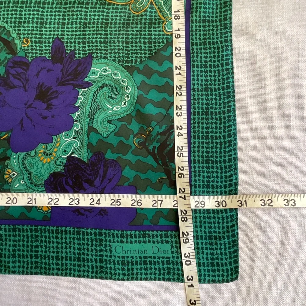 Christian Dior Echarpes 100% Silk Green Purple Floral Signed Scarf Vintage30”x31